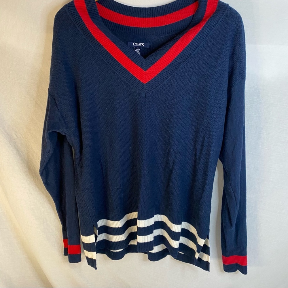 Sweater Chaps Women Sweater V Neck Pullover Long Sleeve Red, White & Blue large